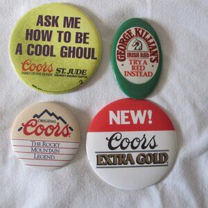 lot of (4) 1990's Beer / Brewery Metal Pinback Buttons: Coors & Killians